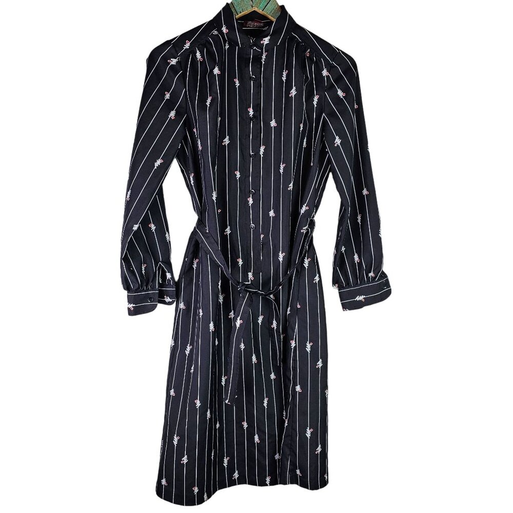 Raoul Striped Geo 80's Style Collared Long Sleeve Light Weight Midi Belted Dress